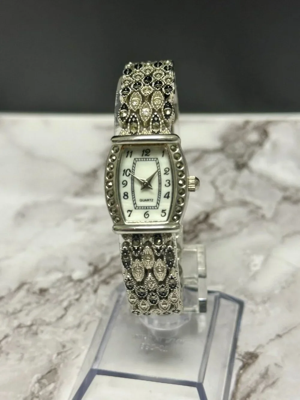M. Z. Berger Marcasite Watch Silver Tone White Dial Ornate New Battery 7 inch